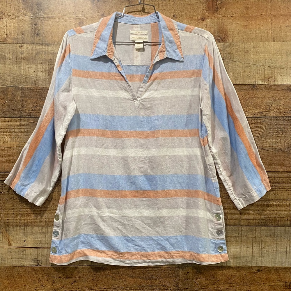 Cynthia Rowley Linen Striped V-Neck Tunic with Button Accents Size Medium